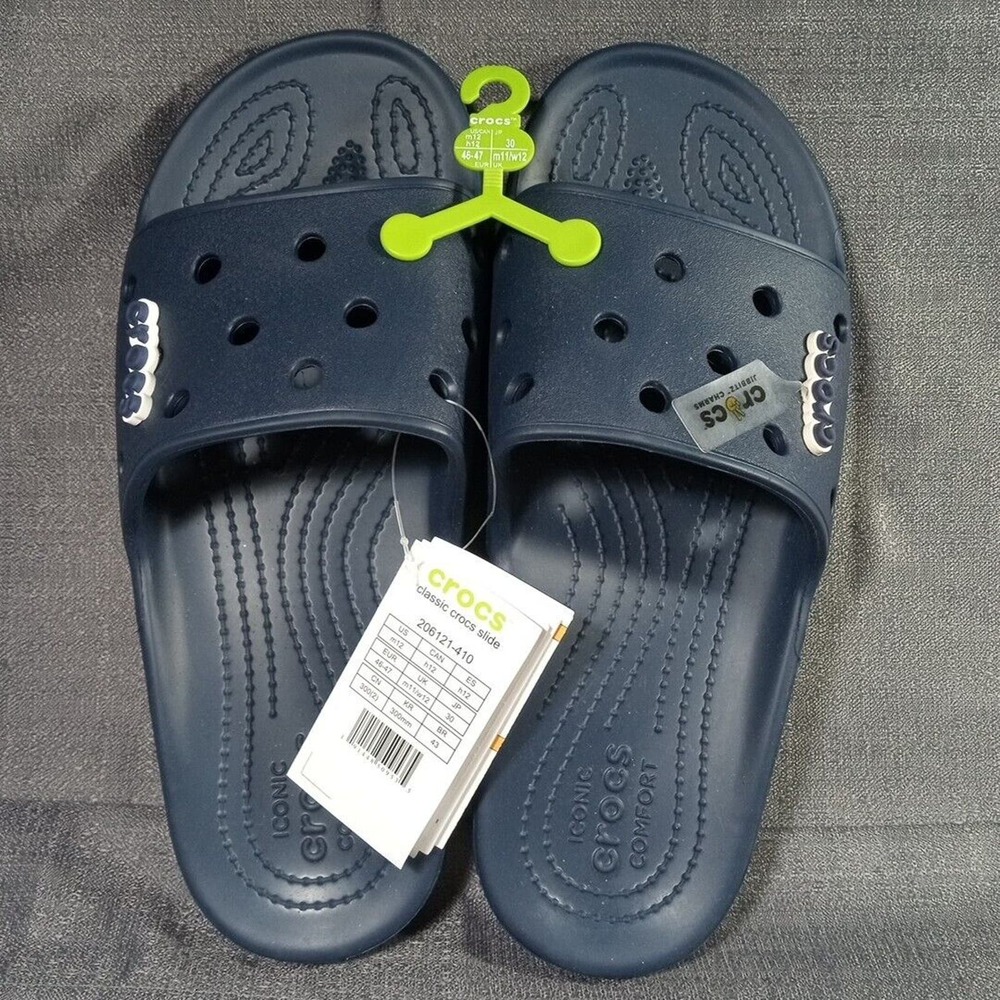 Crocs Classic Slides Sandals Mens Size 12 Blue Iconic Comfort + Jibbitz Charms